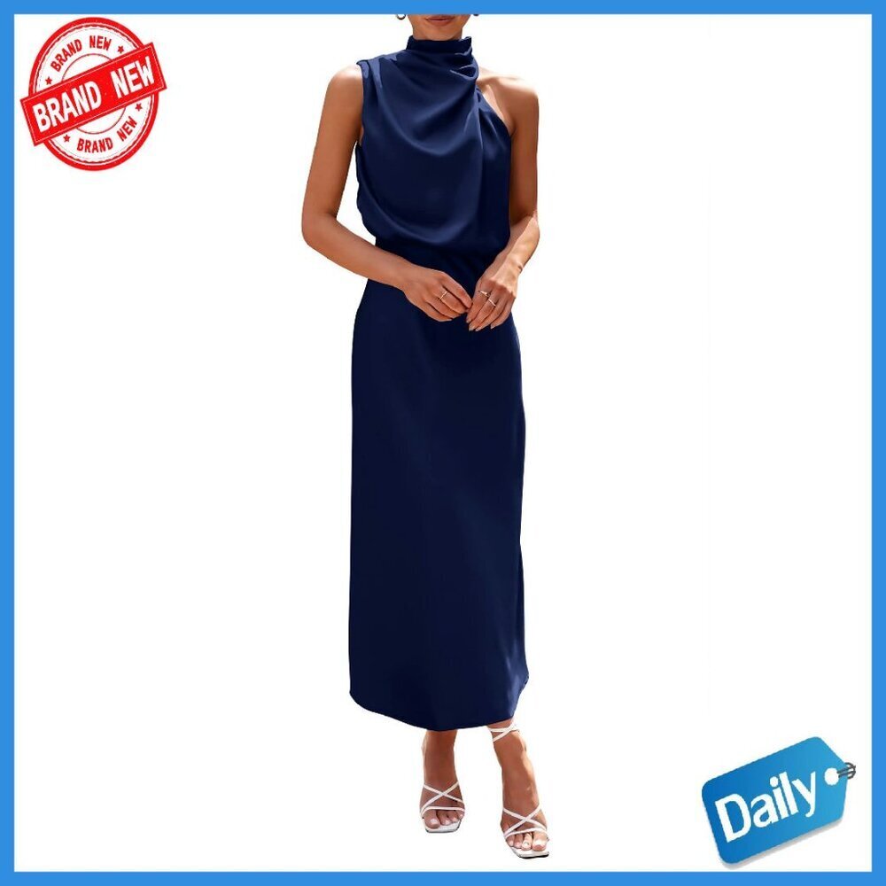 Sleeveless Mock Neck Satin Maxi Dress Formal Party Cocktail